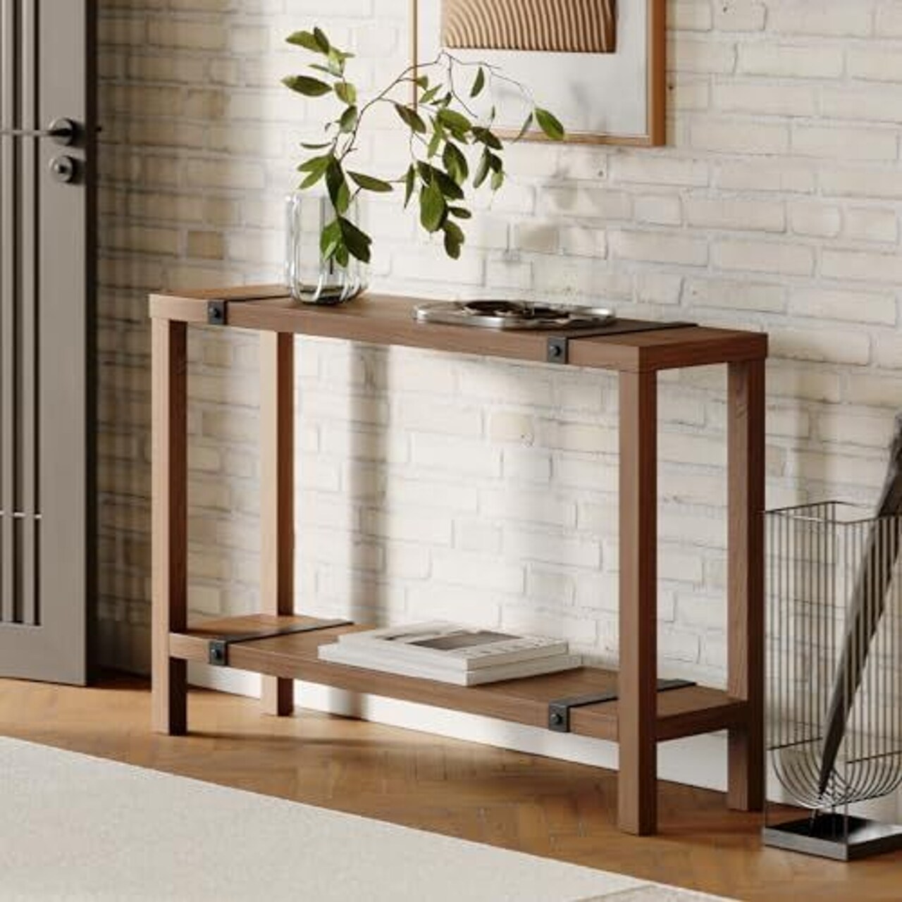 Modern Farmhouse Entryway Table – Skinny Console Table with Storage and Metal Details - Living Room Furniture - Small Hallway Table - Industrial Home Decor (Medium Oak Finish)